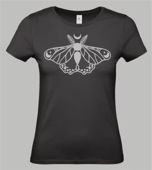 Damen T-Shirt in Schwarz mit grauem Celestial Moth Print, Nachtfalter mit Mondsichel und Sternen