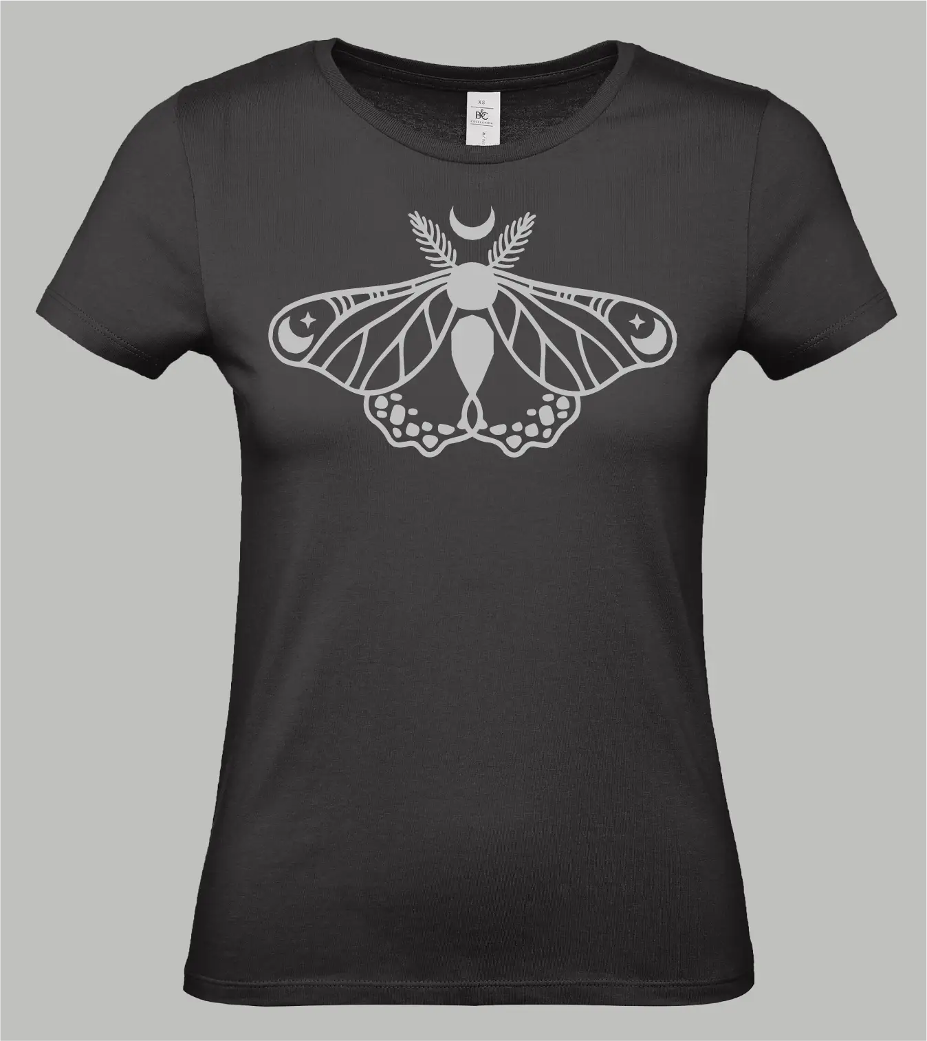 Damen T-Shirt in Schwarz mit grauem Celestial Moth Print, Nachtfalter mit Mondsichel und Sternen