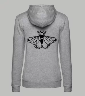 Damen Ziphoodie in Grau meliert mit schwarzem Celestial Moth Print, Nachtfalter mit Mondsichel und Sternen