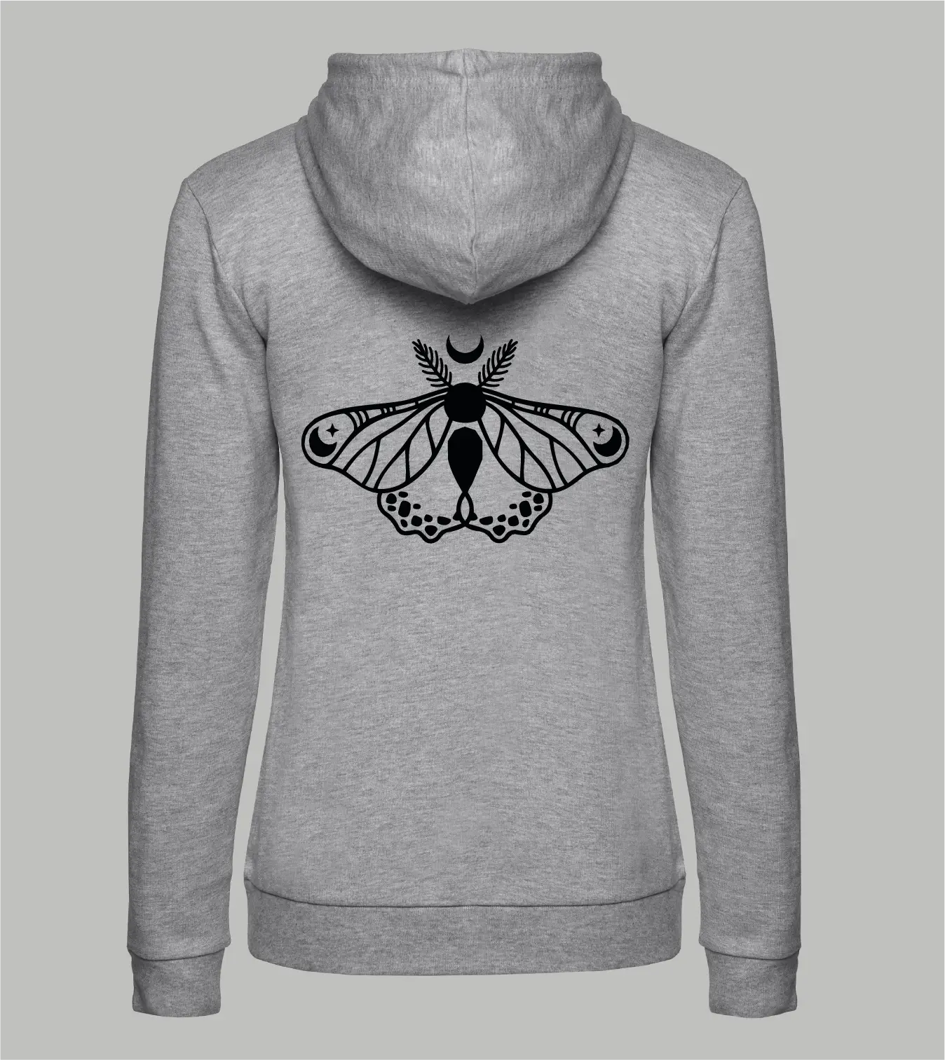 Damen Ziphoodie in Grau meliert mit schwarzem Celestial Moth Print, Nachtfalter mit Mondsichel und Sternen