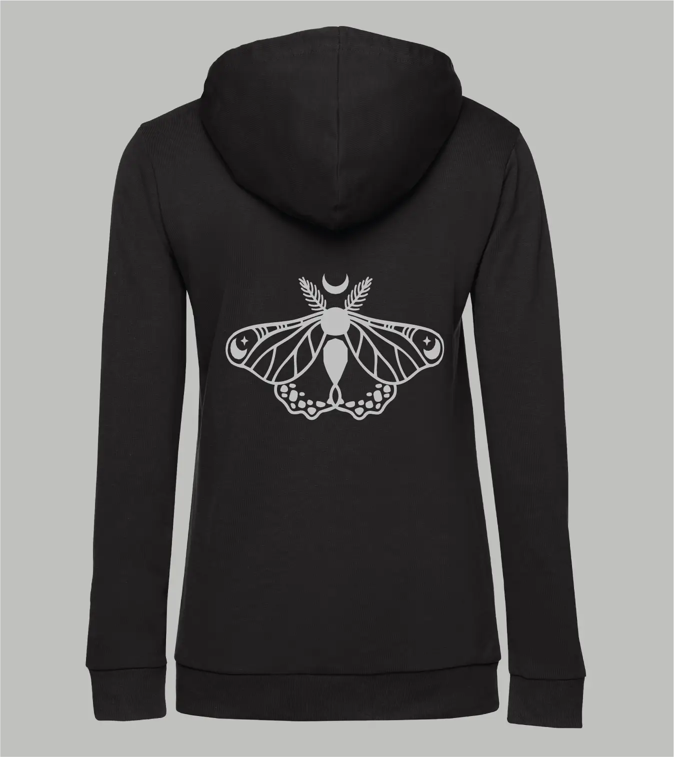 Damen Ziphoodie in schwarz mit grauem Celestial Moth Print, Nachtfalter mit Mondsichel und Sternen