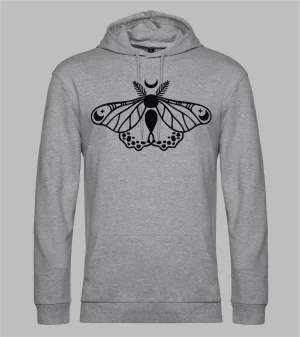 Herren Hoodie in Grau meliert mit schwarzem Celestial Moth Print, Nachtfalter mit Mondsichel und Sternen