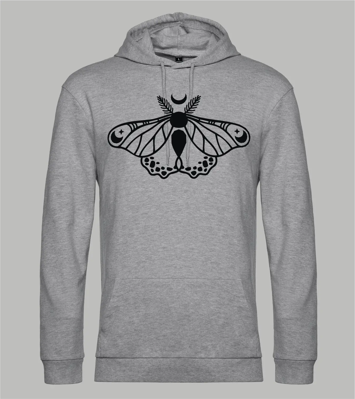 Herren Hoodie in Grau meliert mit schwarzem Celestial Moth Print, Nachtfalter mit Mondsichel und Sternen