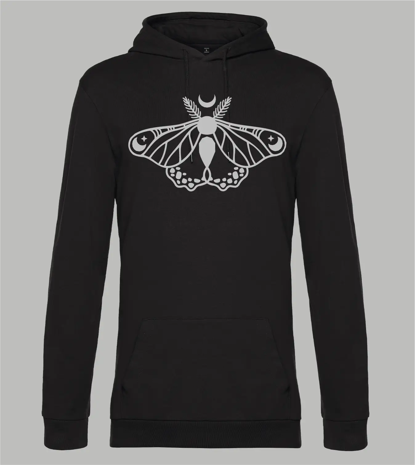 Herren Hoodie in Schwarz mit grauem Celestial Moth Print, Nachtfalter mit Mondsichel und Sternen