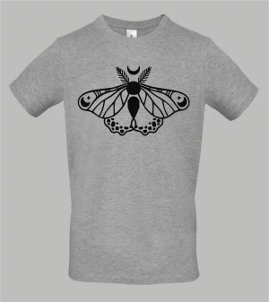 Herren T-Shirt in Grau meliert mit schwarzem Celestial Moth Print, Nachtfalter mit Mondsichel und Sternen