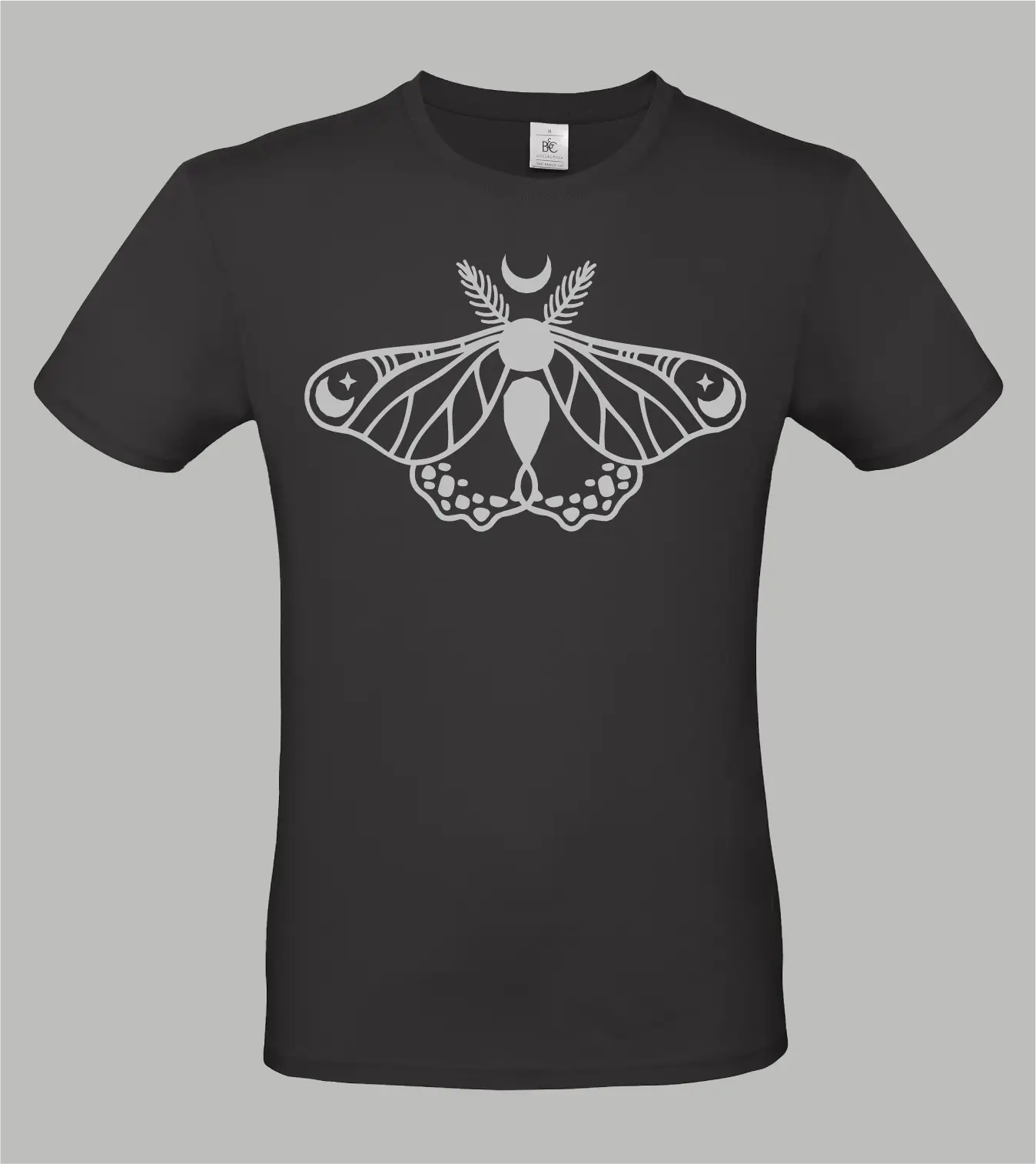 Herren T-Shirt in Schwarz mit grauem Lunar Moth Print, Nachtfalter mit Mondsichel und Sternen