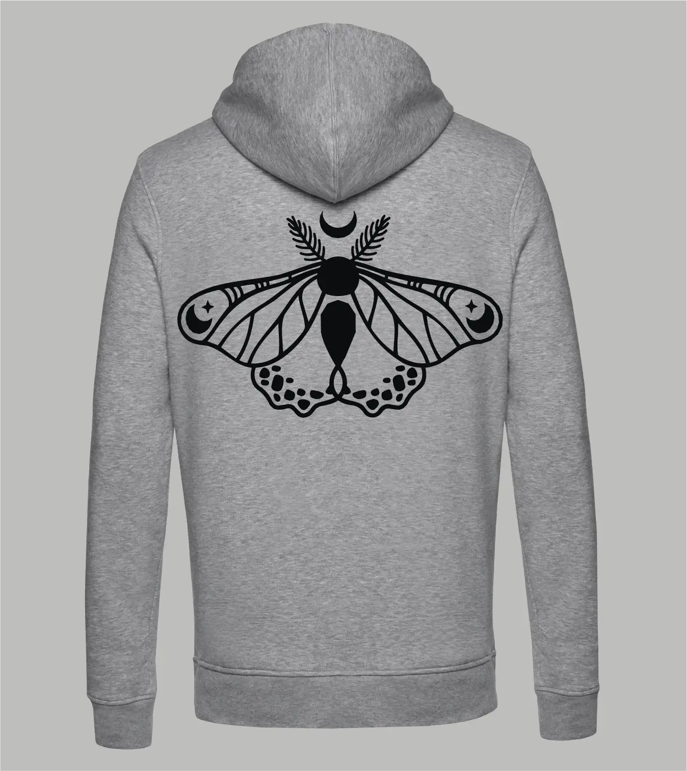 Herren Ziphoodie in Grau meliert mit schwarzem Celestial Moth Print, Nachtfalter mit Mondsichel und Sternen