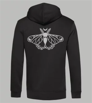 Herren Ziphoodie in Schwarz mit grauem Celestial Moth Print, Nachtfalter mit Mondsichel und Sternen
