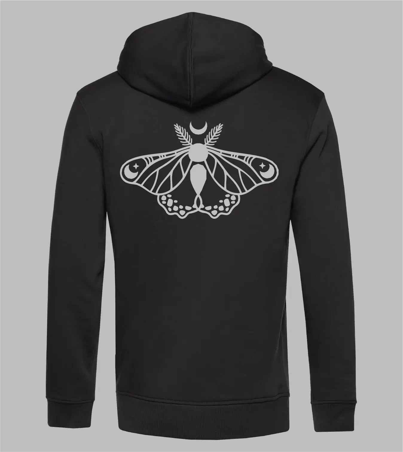 Herren Ziphoodie in Schwarz mit grauem Celestial Moth Print, Nachtfalter mit Mondsichel und Sternen