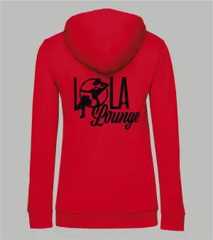 Rückansicht roter Damen Hoodie mit schwarzem Lola Lounge-Schriftzug und Frauen-Silhouette