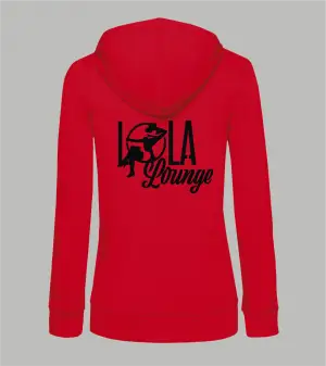 Rückansicht roter Damen Ziphoodie mit schwarzem Lola Lounge-Schriftzug und Frauen-Silhouette