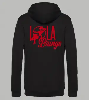 Rückansicht schwarzer Herren Hoodie mit rotem Lola Lounge-Schriftzug und Frauen-Silhouette