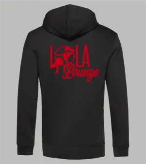 Rückansicht schwarzer Herren Ziphoodie mit rotem Lola Lounge-Schriftzug und Frauen-Silhouette