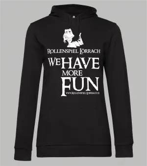 Schwarzer Damen-Hoodie mit weißem Flockdruck-Motiv: Ein Wurm frisst einen Arm, darunter der Schriftzug ‚Rollenspiel Lörrach – We Have More Fun' und die Webadresse www.rollenspiel-loerrach.de