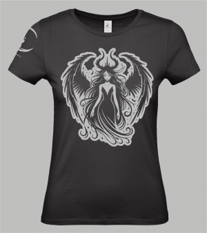 Damen T-Shirt Lilith in Schwarz mit grauem Print, geflügelte Frauenfigur mit Hörnern und wallendem Haar