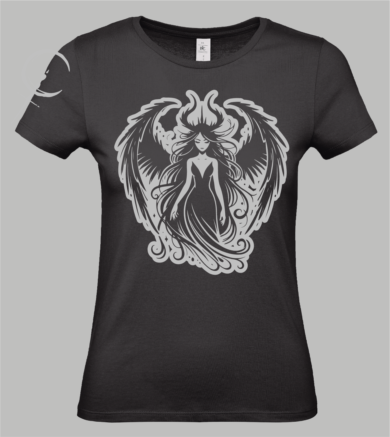 Damen T-Shirt Lilith in Schwarz mit grauem Print, geflügelte Frauenfigur mit Hörnern und wallendem Haar