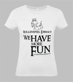 Weißes Damen-T-Shirt mit schwarzem Flockdruck-Motiv: Ein Wurm frisst einen Arm, darunter der Schriftzug ‚Rollenspiel Lörrach – We Have More Fun' und die Webadresse www.rollenspiel-loerrach.de