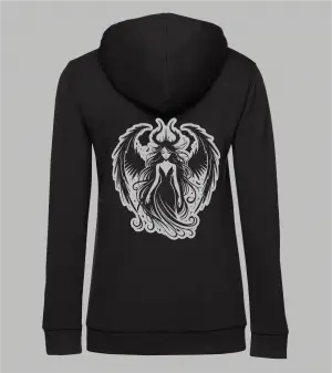 Damen Zip-Hoodie Lilith Rückansicht in Schwarz mit grauem Print, geflügelte Frauenfigur mit Hörnern und wallendem Haar