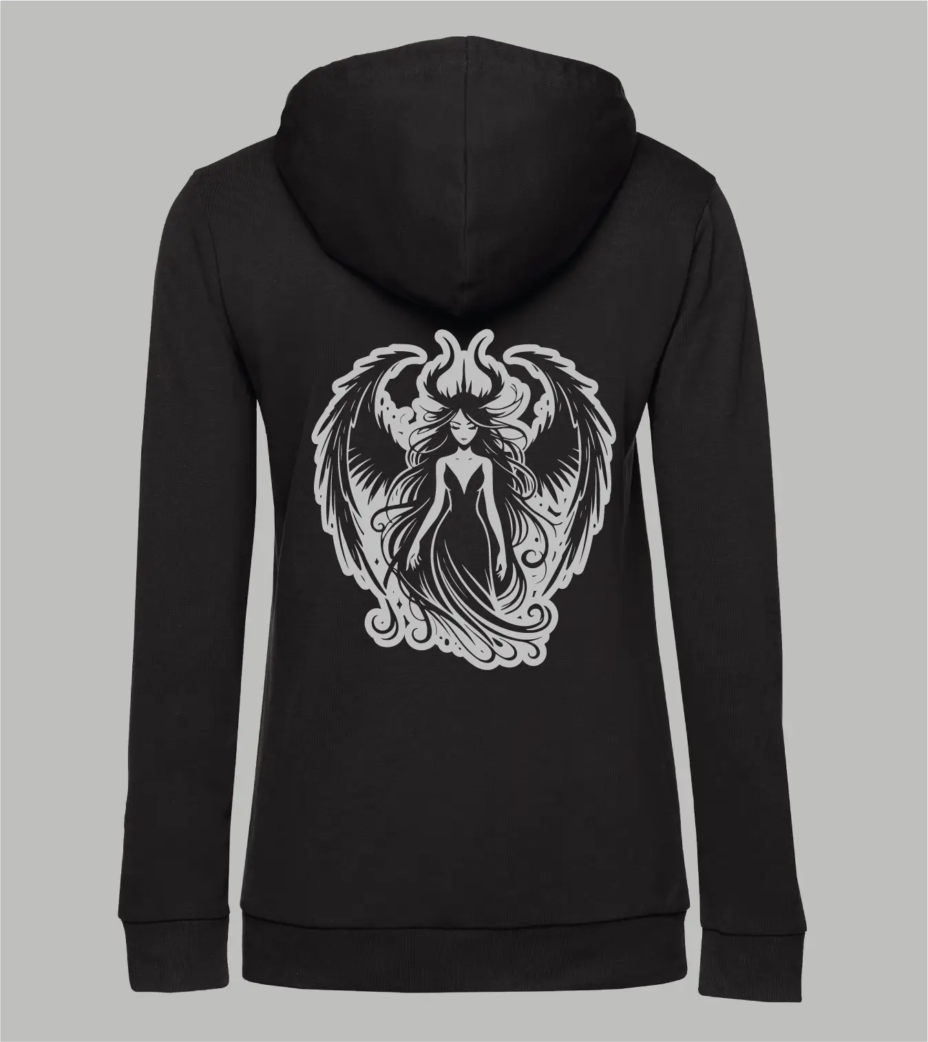Damen Zip-Hoodie Lilith Rückansicht in Schwarz mit grauem Print, geflügelte Frauenfigur mit Hörnern und wallendem Haar
