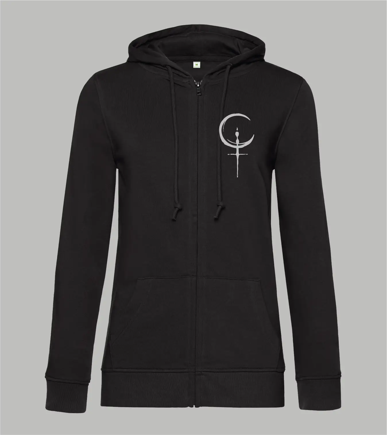 Damen Zip-Hoodie Lilith in Schwarz mit grauem Lilith-Symbol auf der Brust, Mondsichel mit Kreuz