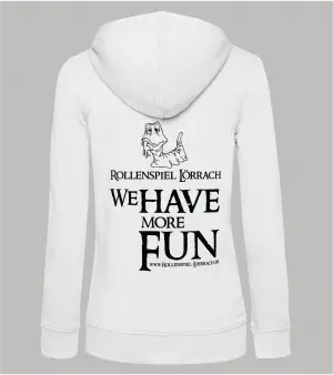 Rückseite weißer Damen-Zip-Hoodie mit schwarzem Flockdruck-Motiv: Ein Wurm frisst einen Arm, darunter der Schriftzug ‚Rollenspiel Lörrach – We Have More Fun' und die Webadresse www.rollenspiel-loerrach.de