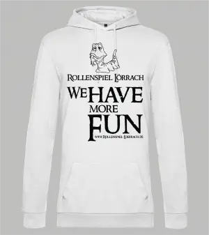 Weißer Herren-Hoodie mit schwarzem Flockdruck-Motiv: Ein Wurm frisst einen Arm, darunter der Schriftzug ‚Rollenspiel Lörrach – We Have More Fun' und die Webadresse www.rollenspiel-loerrach.de