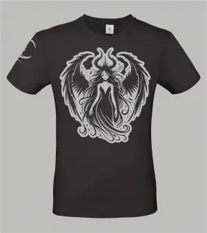 Herren T-Shirt Lilith in Schwarz mit grauem Print, geflügelte Frauenfigur mit Hörnern und wallendem Haar