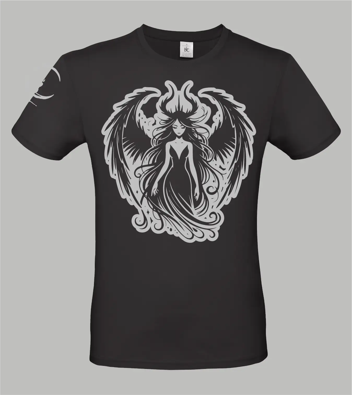 Herren T-Shirt Lilith in Schwarz mit grauem Print, geflügelte Frauenfigur mit Hörnern und wallendem Haar