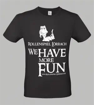 Schwarzes Herren-T-Shirt mit weißem Flockdruck-Motiv: Ein Wurm frisst einen Arm, darunter der Schriftzug ‚Rollenspiel Lörrach – We Have More Fun' und die Webadresse www.rollenspiel-loerrach.de