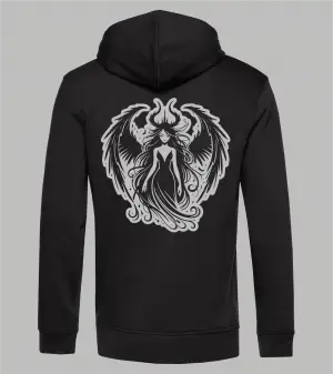 Herren Zip-Hoodie Lilith Rückansicht in Schwarz mit grauem Print, geflügelte Frauenfigur mit Hörnern und wallendem Haar