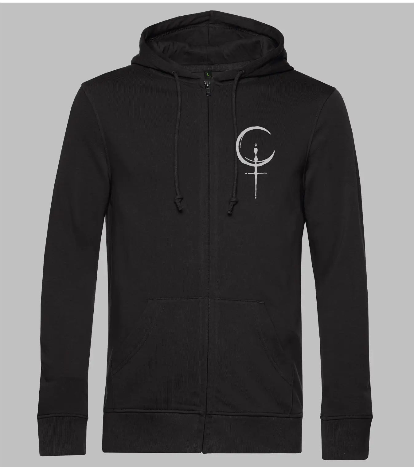 Herren Zip-Hoodie Lilith in Schwarz mit grauem Lilith-Symbol auf der Brust, Mondsichel mit Kreuz