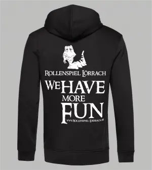 Rückseite schwarzer Herren-Zip-Hoodie mit weißem Flockdruck-Motiv: Ein Wurm frisst einen Arm, darunter der Schriftzug ‚Rollenspiel Lörrach – We Have More Fun' und die Webadresse www.rollenspiel-loerrach.de