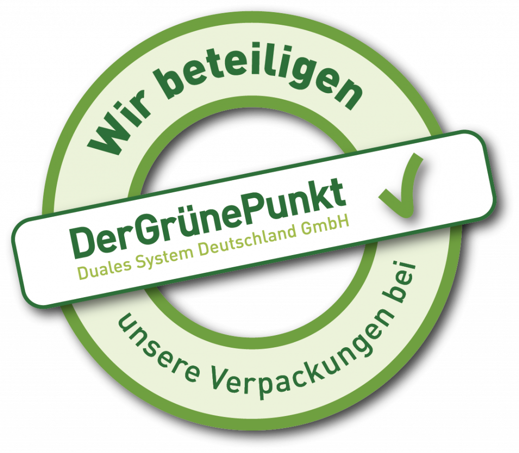 Mit diesem Logo möchten wir zeigen, dass wir Kunde bei Der Grüne Punkt – Duales System Deutschland GmbH sind und unsere Verkaufsverpackungen für Deutschland am dualen System Der Grüne Punkt beteiligen.